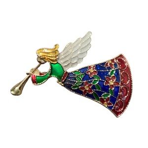 Guardian Angel brooch, pin with horn multicolor cloisonné enamel over gold